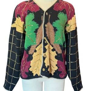 Belle Pointe VTG Autumn Leaf Cardigan Beaded Embellished Sweater Fall Colors‎ L